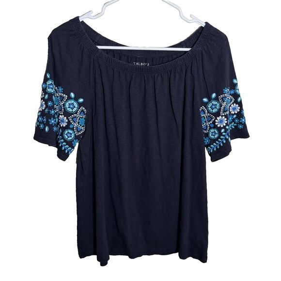Talbots Tops - Talbots Blouse Women's Medium Blue Embroidered Short Sleeve Round Neck Cotton